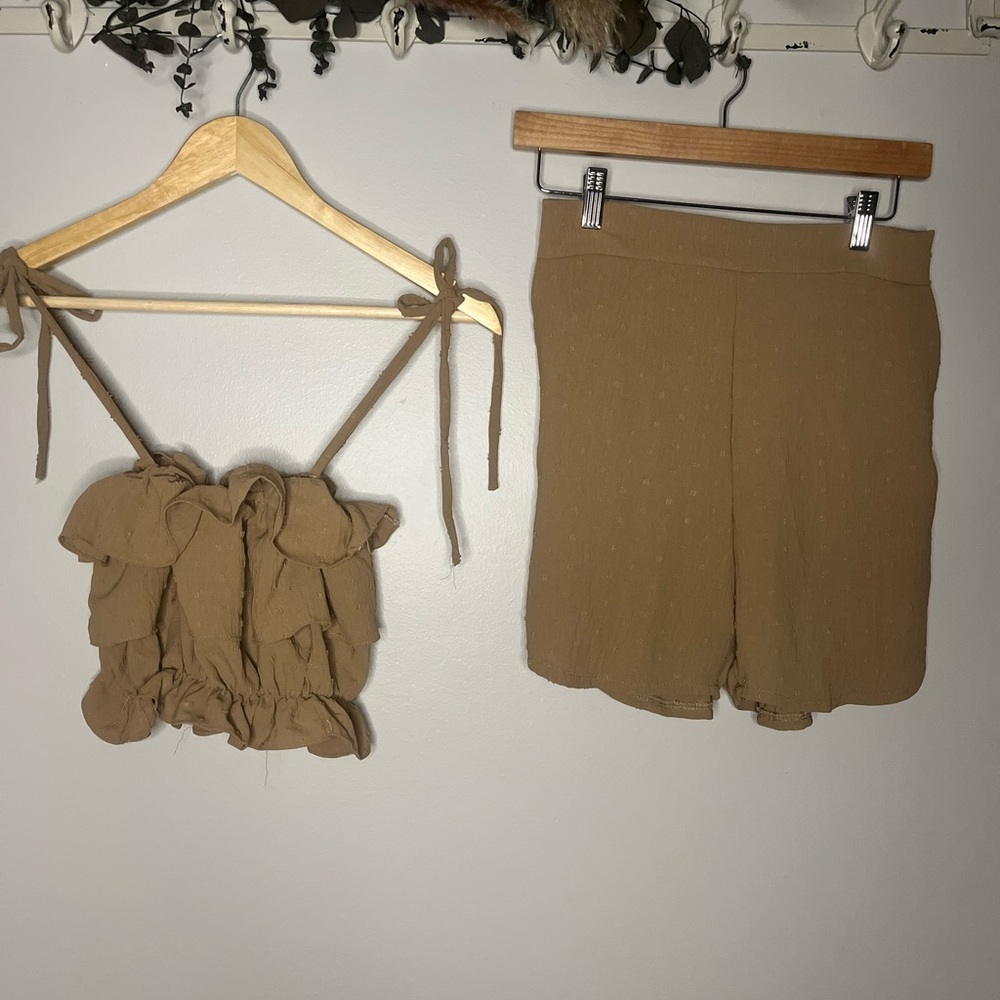 Tan ruffled shirt and shorts set